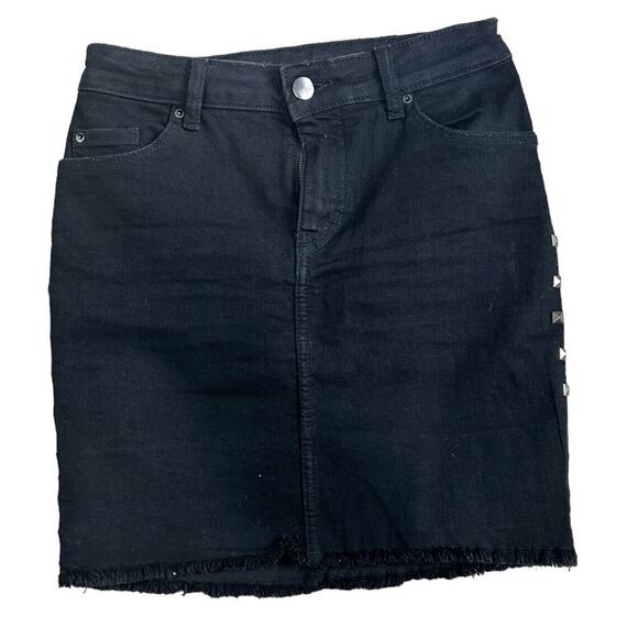 Divided Denim Black Jean Skirt Sz 4 Studded Distressed Raw Hem 16" Length - Picture 2 of 5
